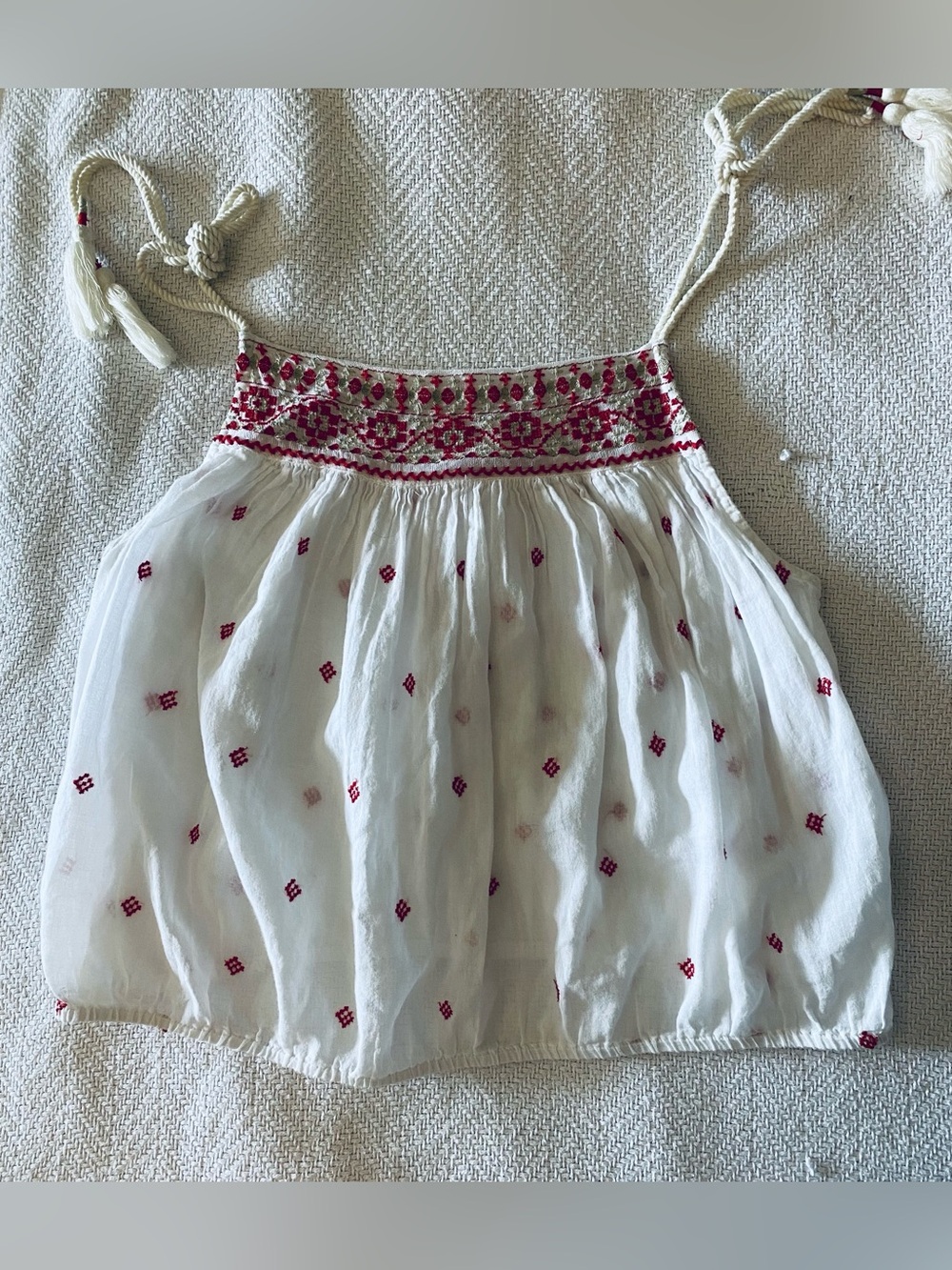 NEW Free People White Smocked Cami with Red Embroidery